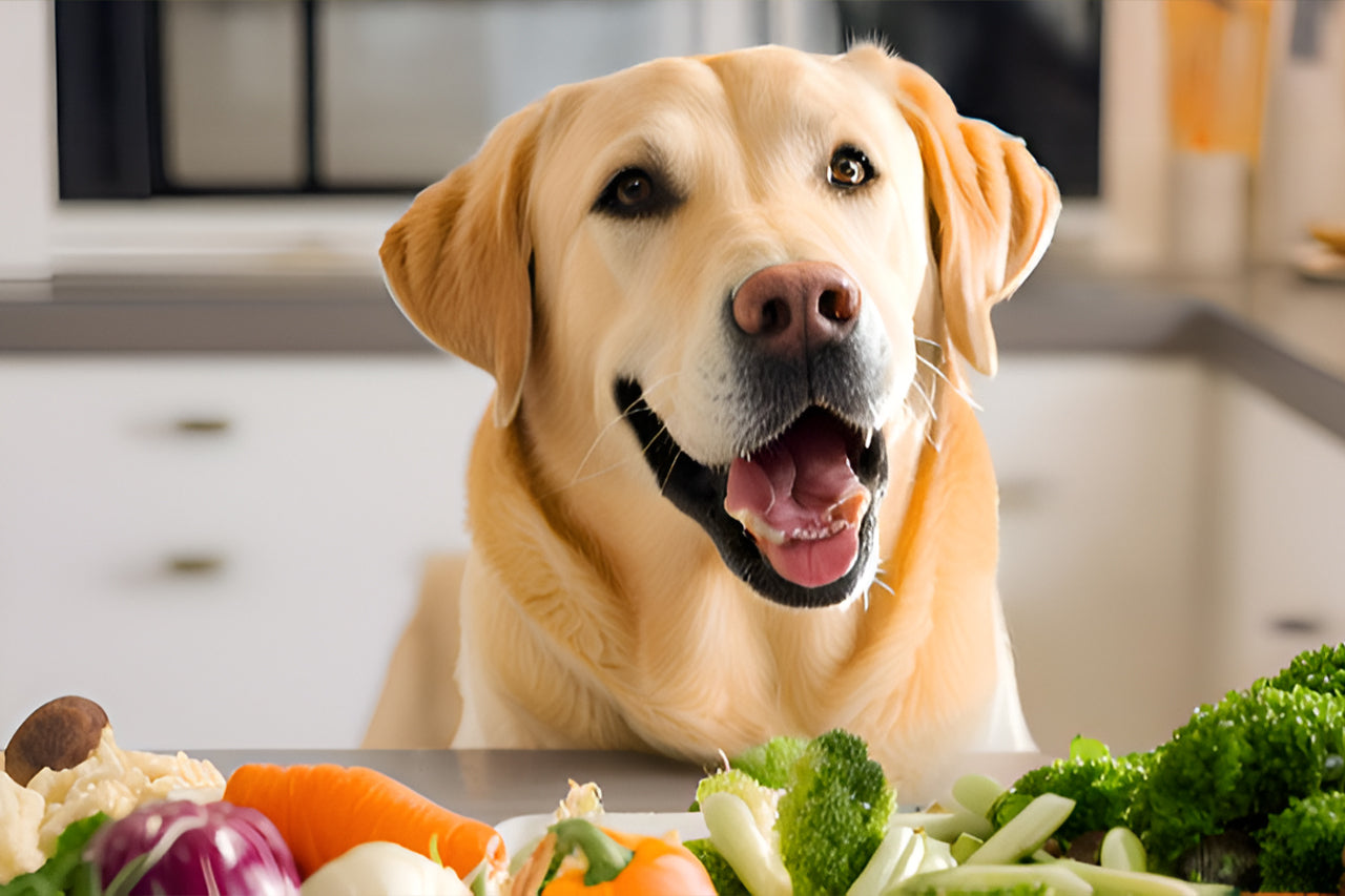 A cheerful Labrador retriever in a kitchen, surrounded by colorful vegetables like carrots and broccoli.