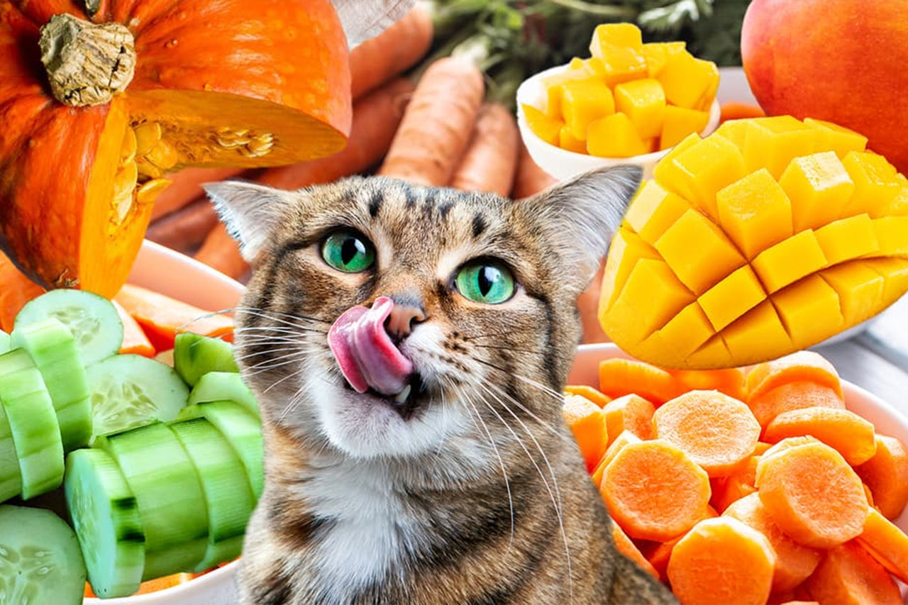 Cat licking it's nose with fruits in the background
