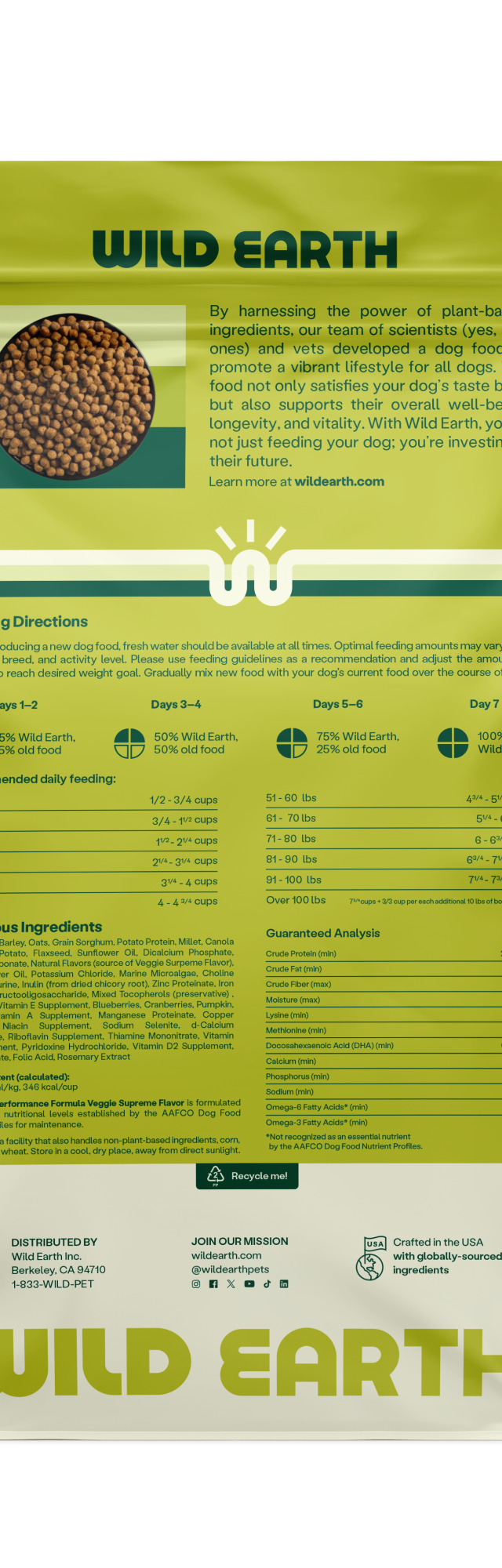 Back of Wild Earth Performance Formula dog food package.
