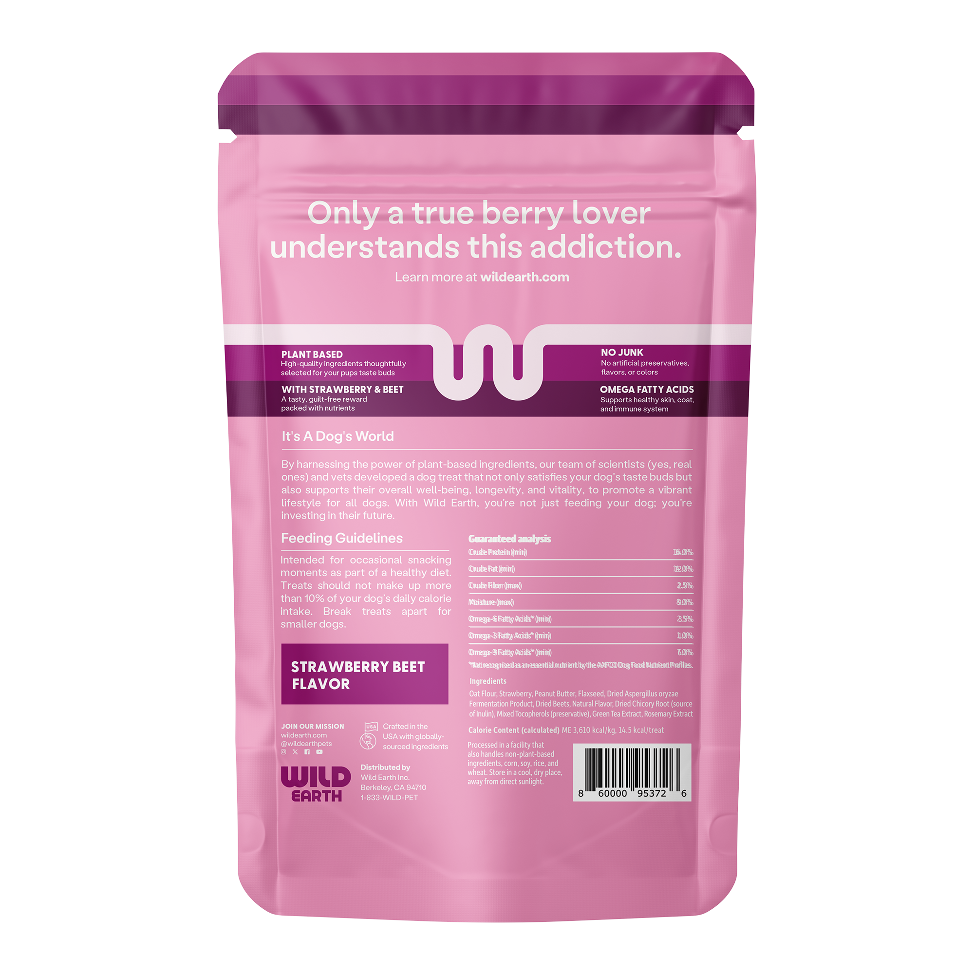 Strawberry Beet flavored Wild Earth vegan dog treat.