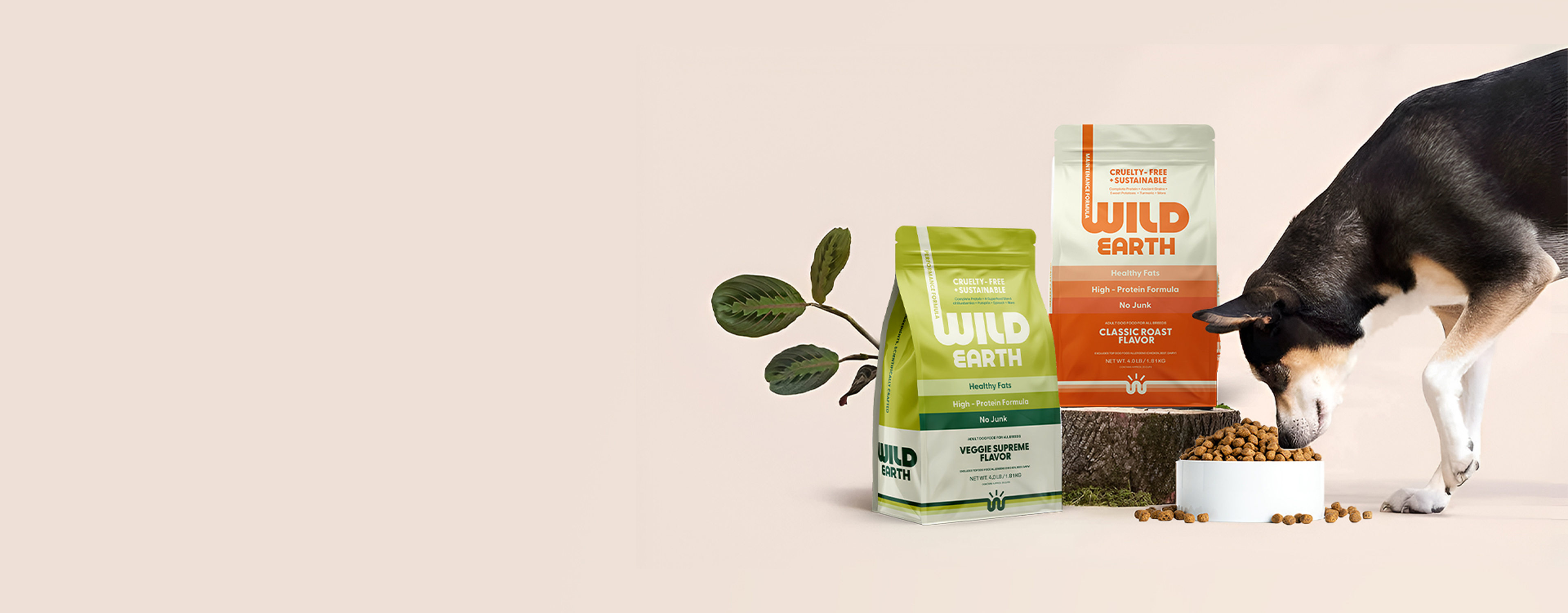 Two bags of Wild Earth pet food with a cat eating from a bowl on a beige background