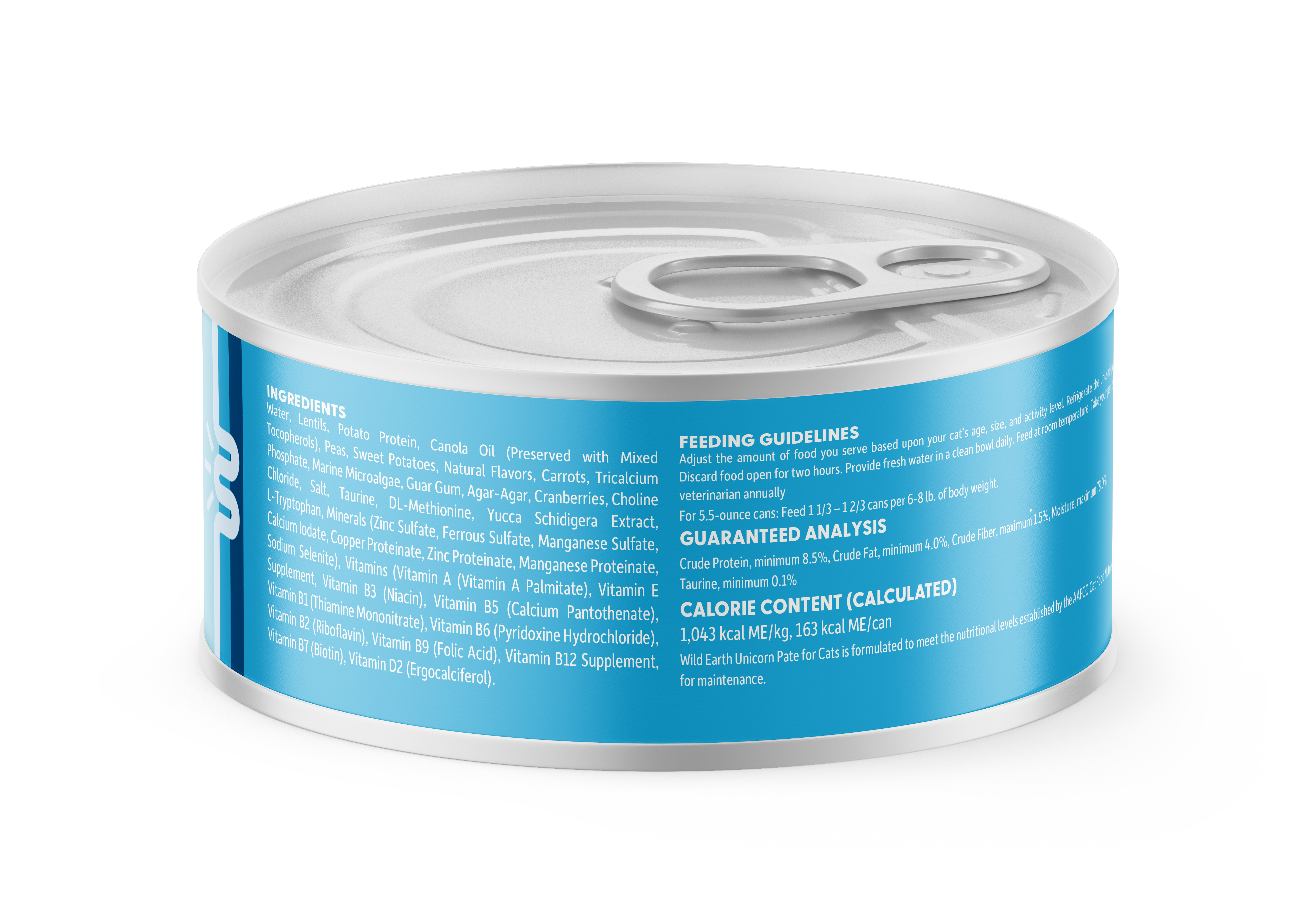 Close up of the back of Unicorn Pate cat food label showing ingredients.