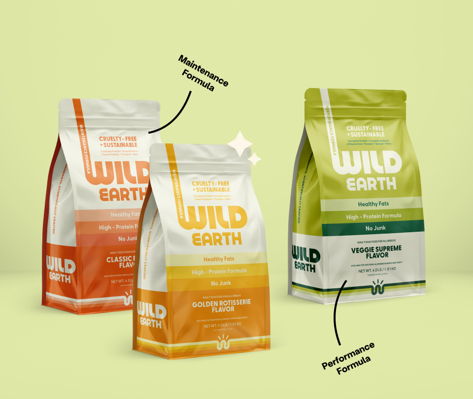 Wild Earth Vegan Dog Food Maintenance and Performance Formulas.
