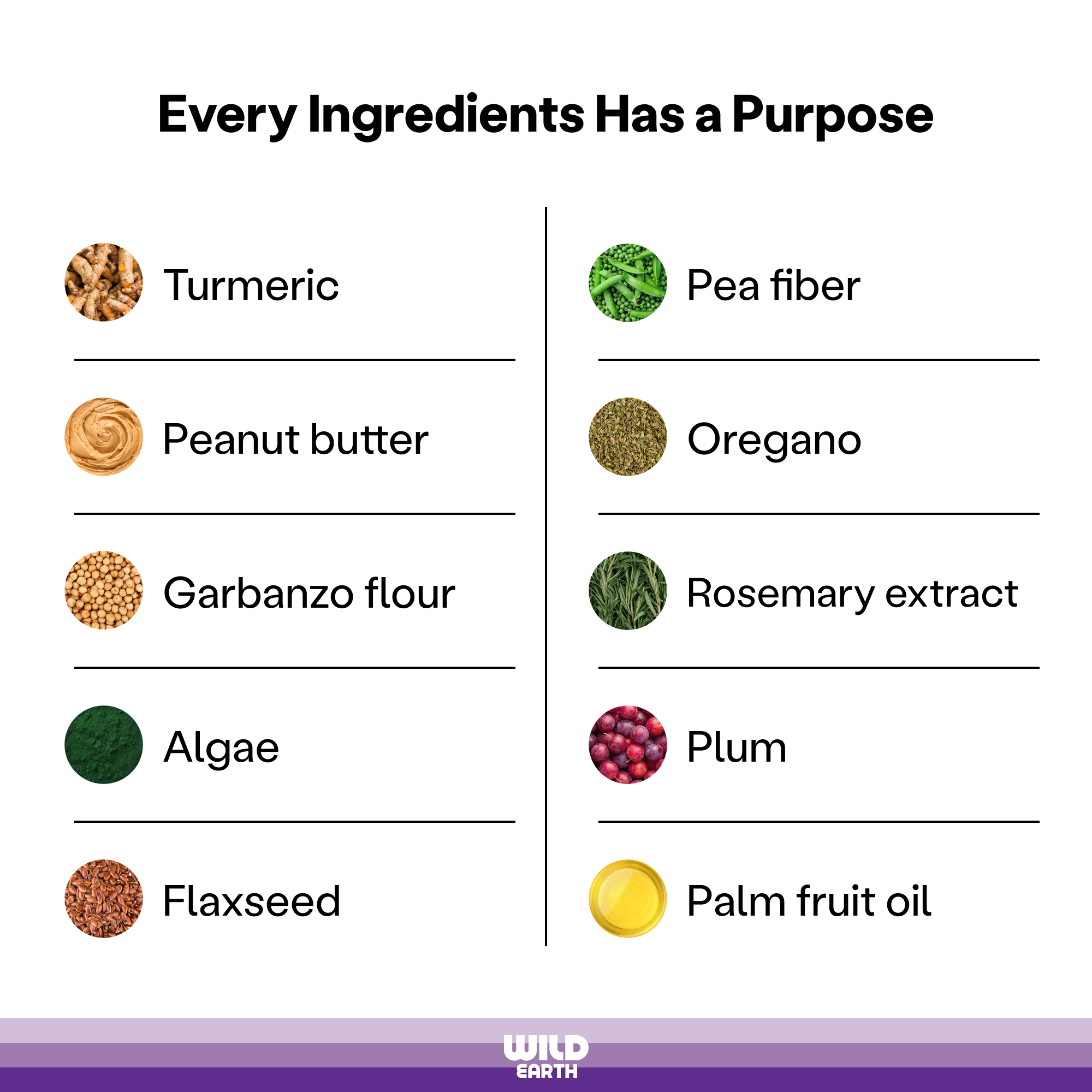 A list of ingredients present in Wild Earth plant-based dog food.