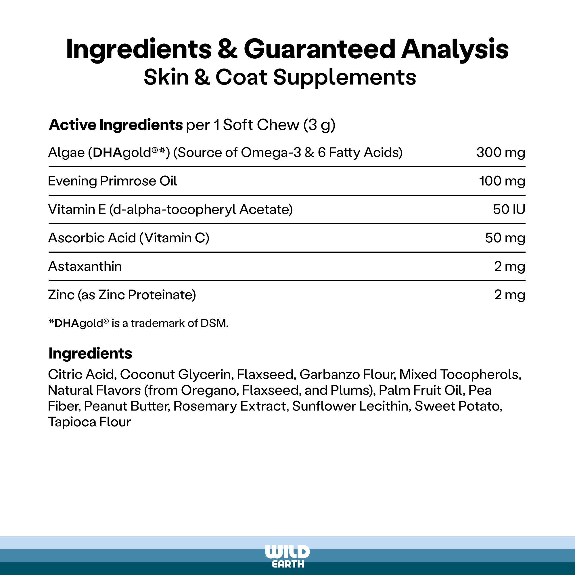 A list of ingredients present in Wild Earth plant-based skin and coat supplements.