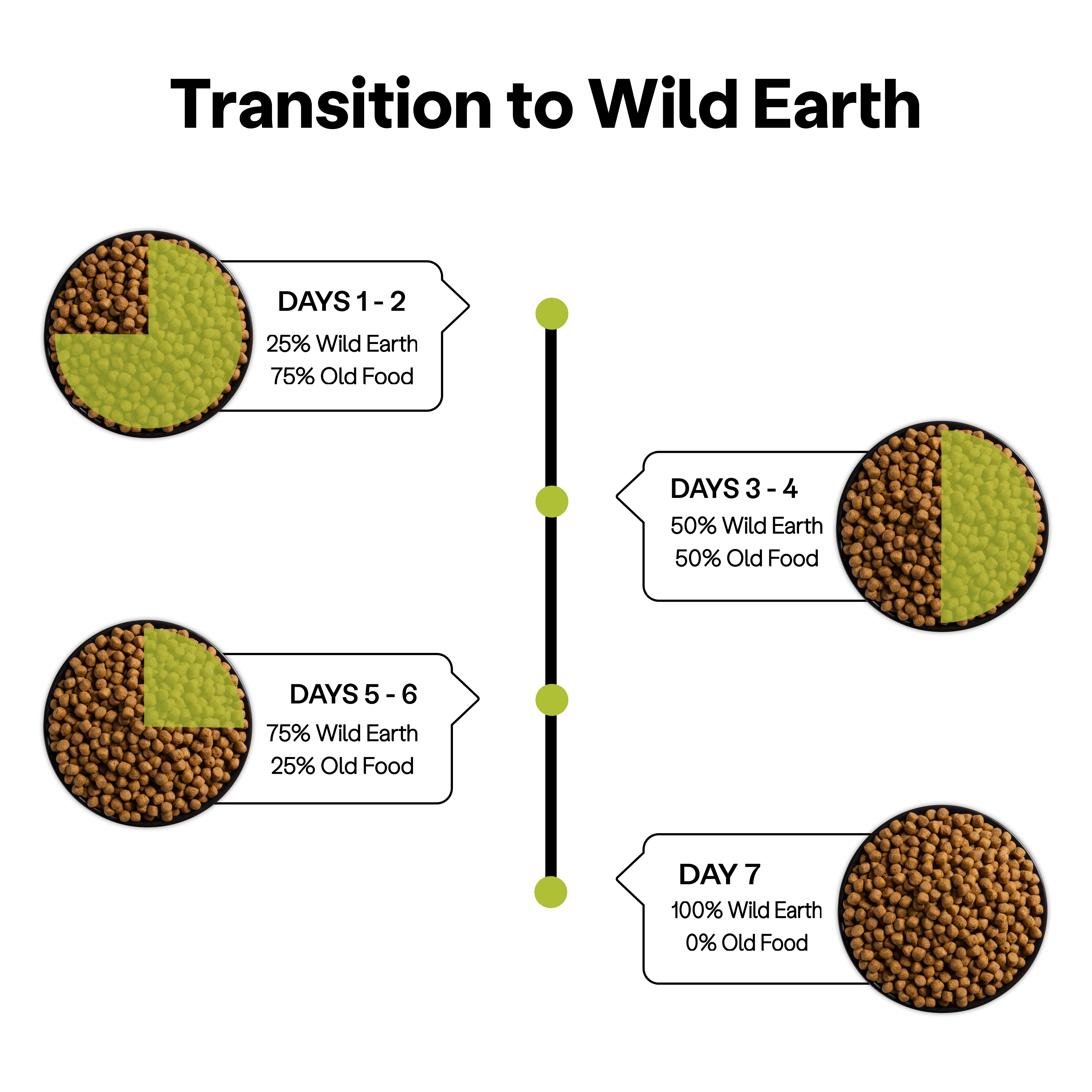 Guidelines for transitioning to Wild Earth plant-based pet food.
