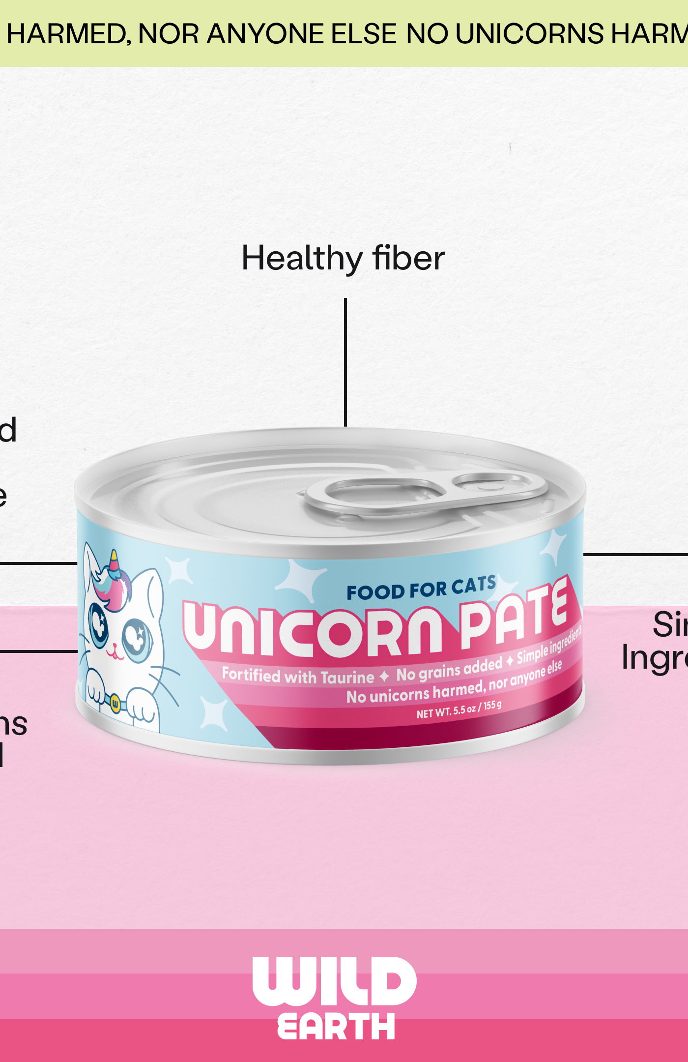 Unicorn Pate vegan cat food, healthy fiber, simple ingredients, fortified with taurine, no grains added.