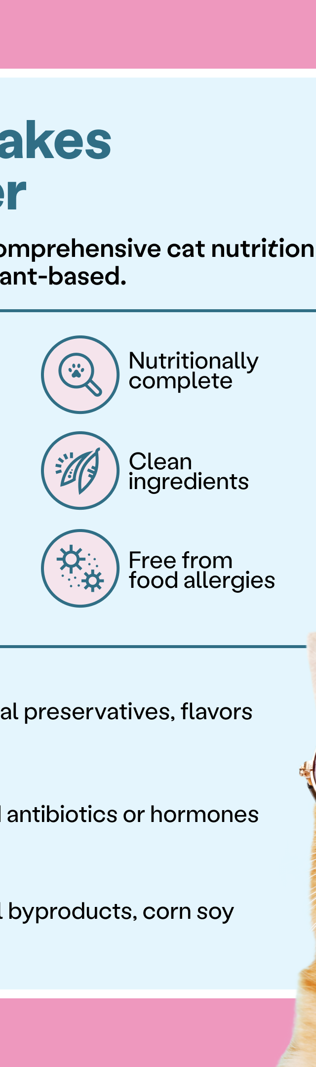 Infographics with a list of features for Unicorn Pate plant-based cat food, such as nutritionally complete, clean ingredients, no artificial flavors, no added hormones, no animal by-products, and cruelty-free.