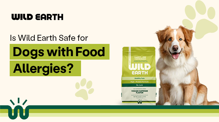 Wild Earth dog food bag beside happy dog with text asking if Wild Earth is safe for dogs with food allergies.