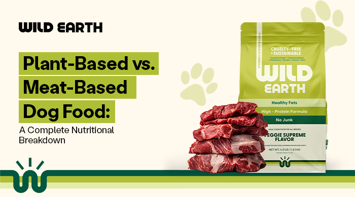 Plant-based vs meat-based dog food nutrition comparison infographic with Wild Earth dog food bag and raw meat illustration.