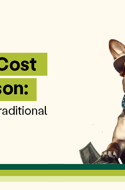 Wild Earth graphic comparing the real cost of plant-based dog food vs traditional meat dog food, featuring a dog with sunglasses and money