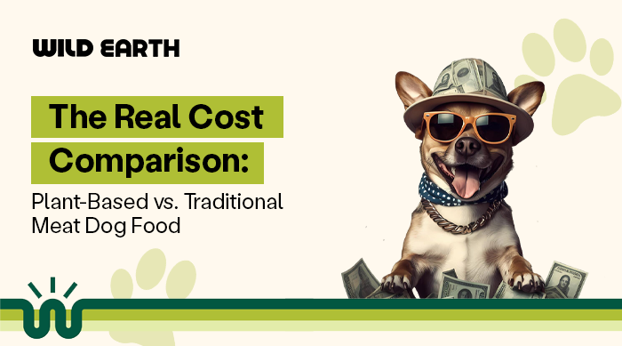 Wild Earth graphic comparing the real cost of plant-based dog food vs traditional meat dog food, featuring a dog with sunglasses and money