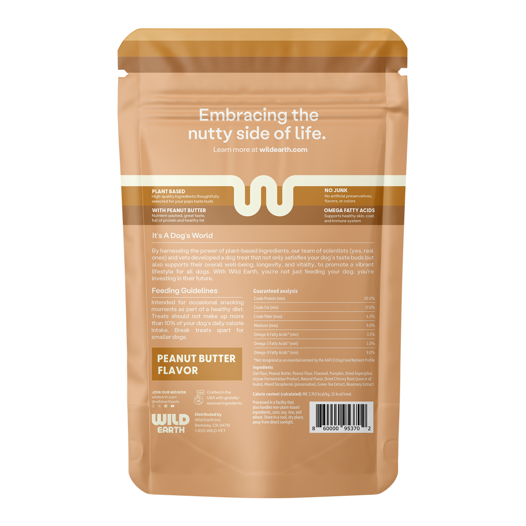 Peanut Butter flavored vegan Wild Earth dog treats.