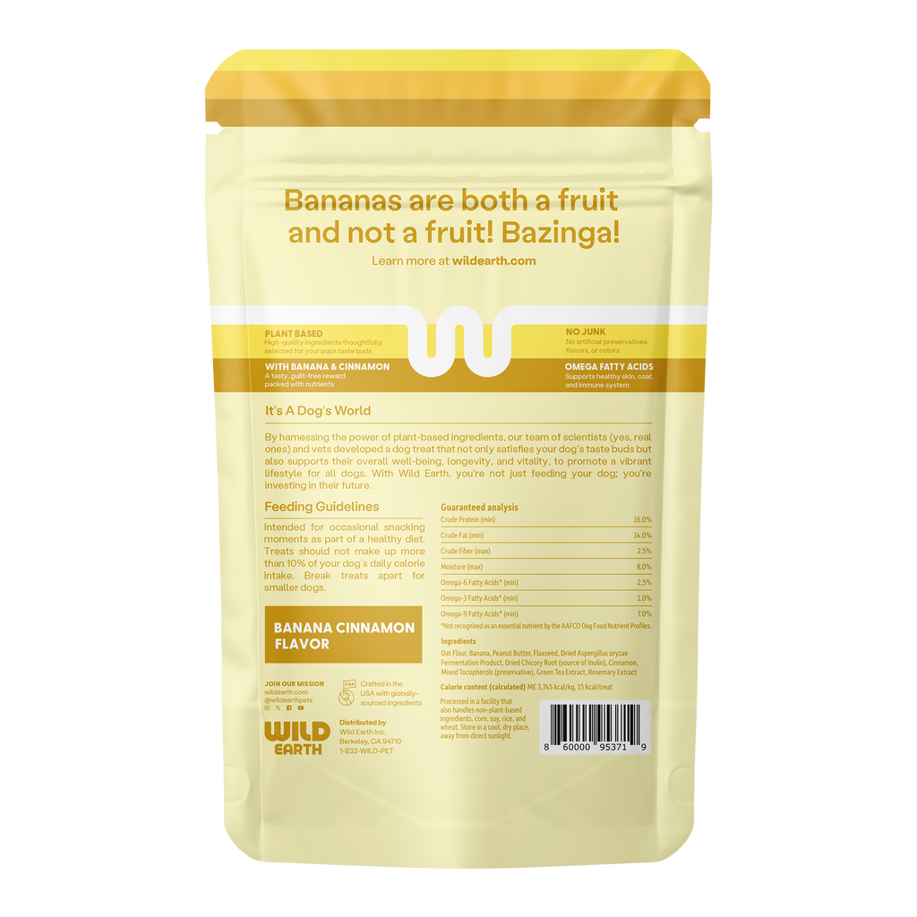 Banana Cinnamon flavored Wild Earth Vegan Dog Treats.