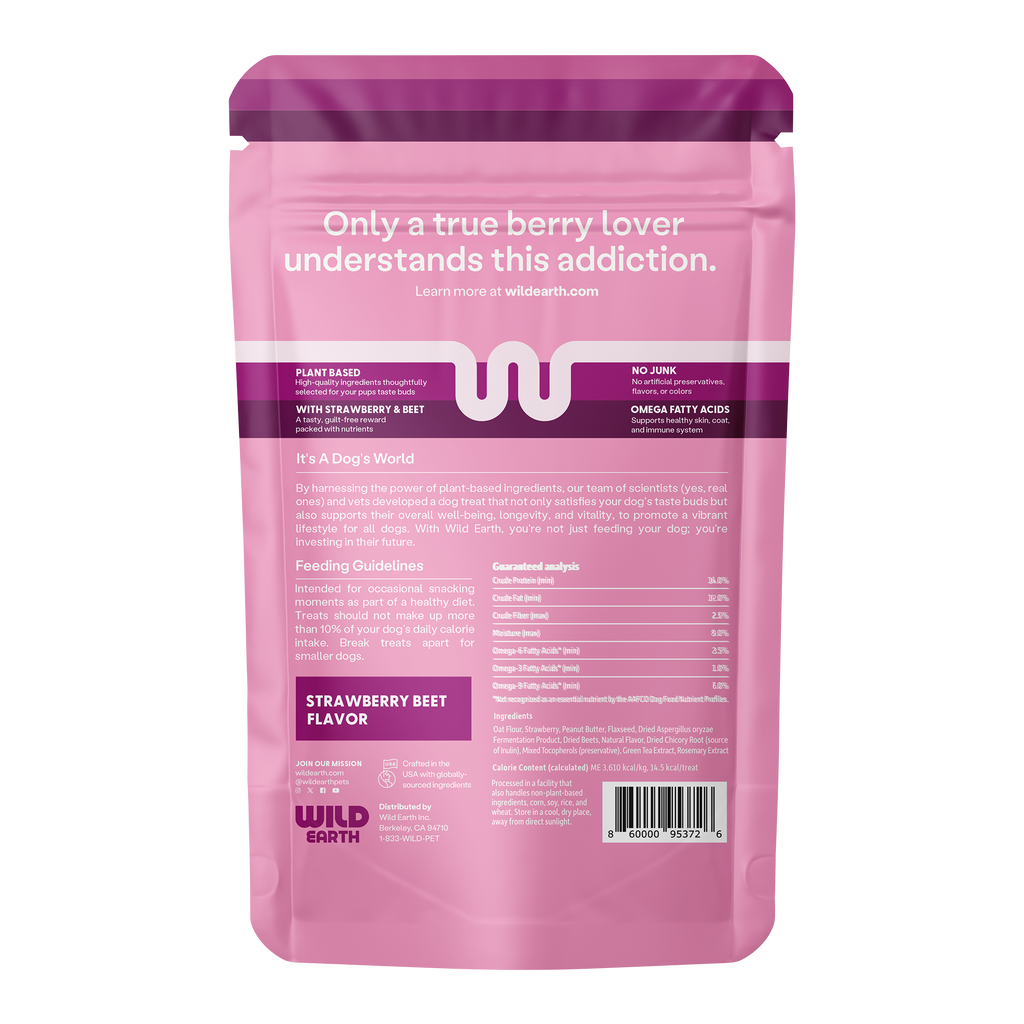 Strawberry Beet flavored Wild Earth vegan dog treat.