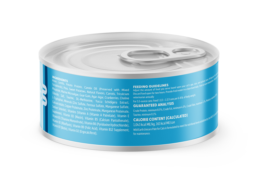 Close up of the back of Unicorn Pate cat food label showing ingredients.