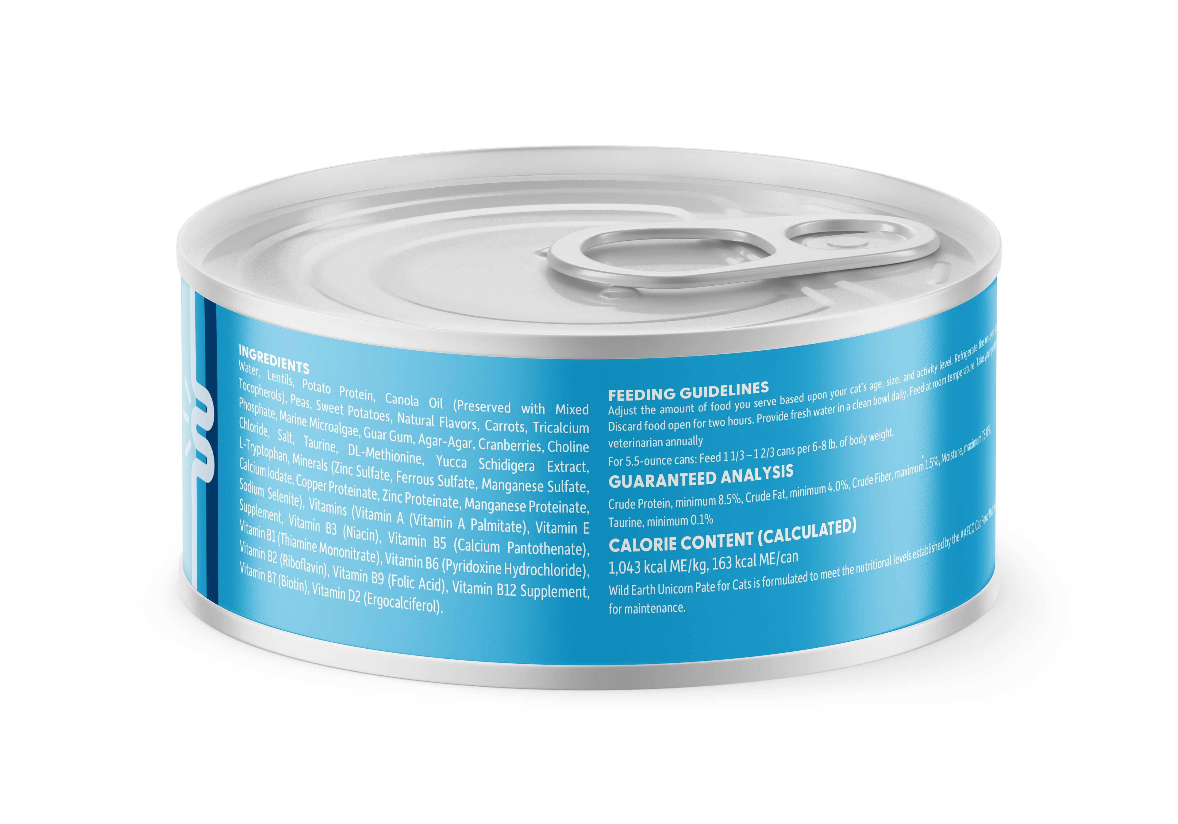 Close up of the back of Unicorn Pate cat food label showing ingredients.