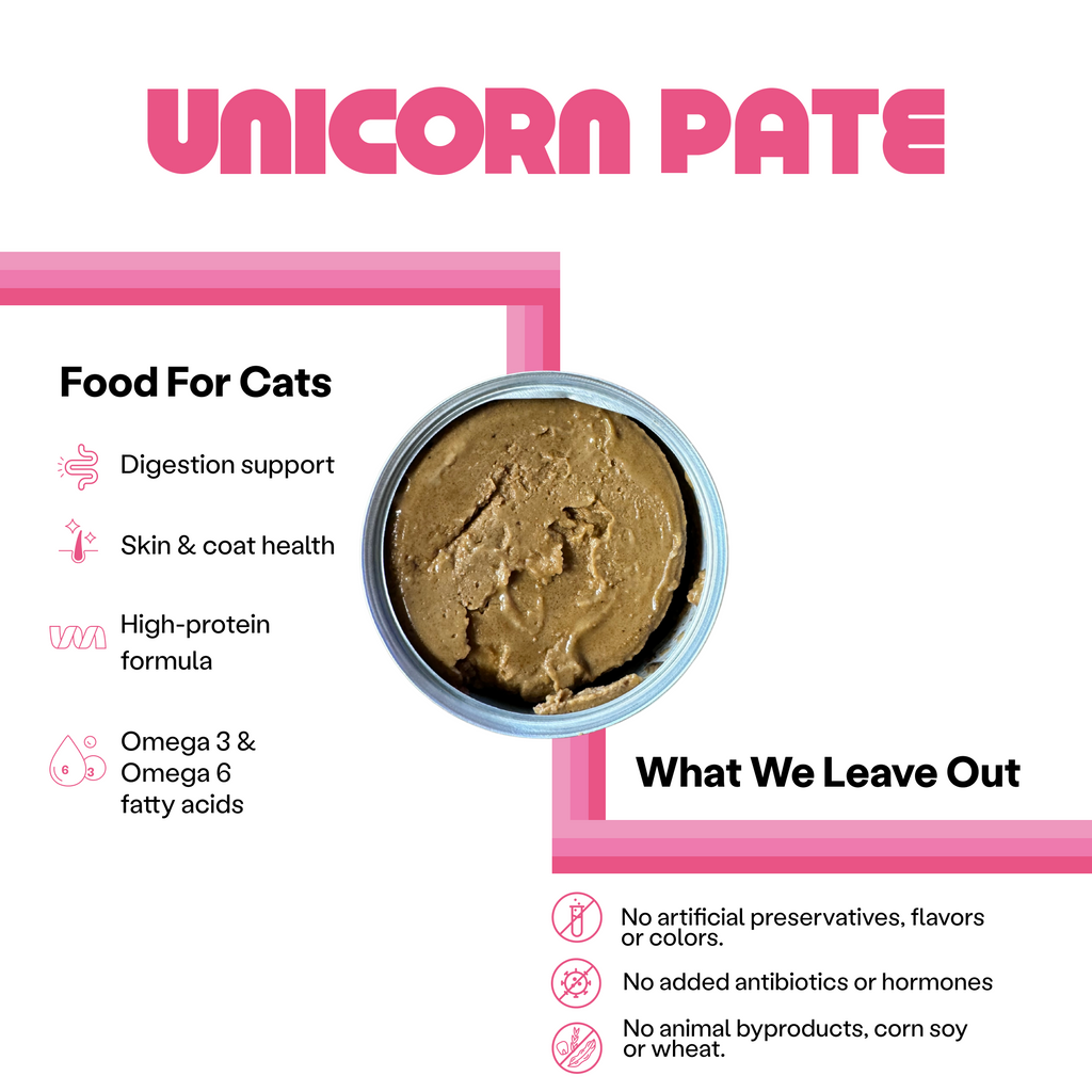Unicorn Pate food for cats. Digestion support, skin and coat health, high-protein formula, omega 3 and omega 6 fatty acids. What we leave out. No artificial preservatives, flavors. No added antibiotics or hormones. No animal byproducts, corn, soy, or wheat.