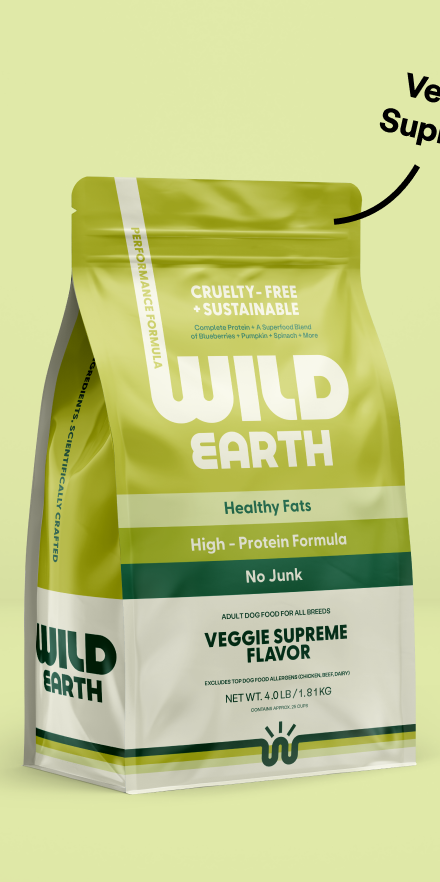 A bag of Wild Earth Veggie Supreme vegan dog food.