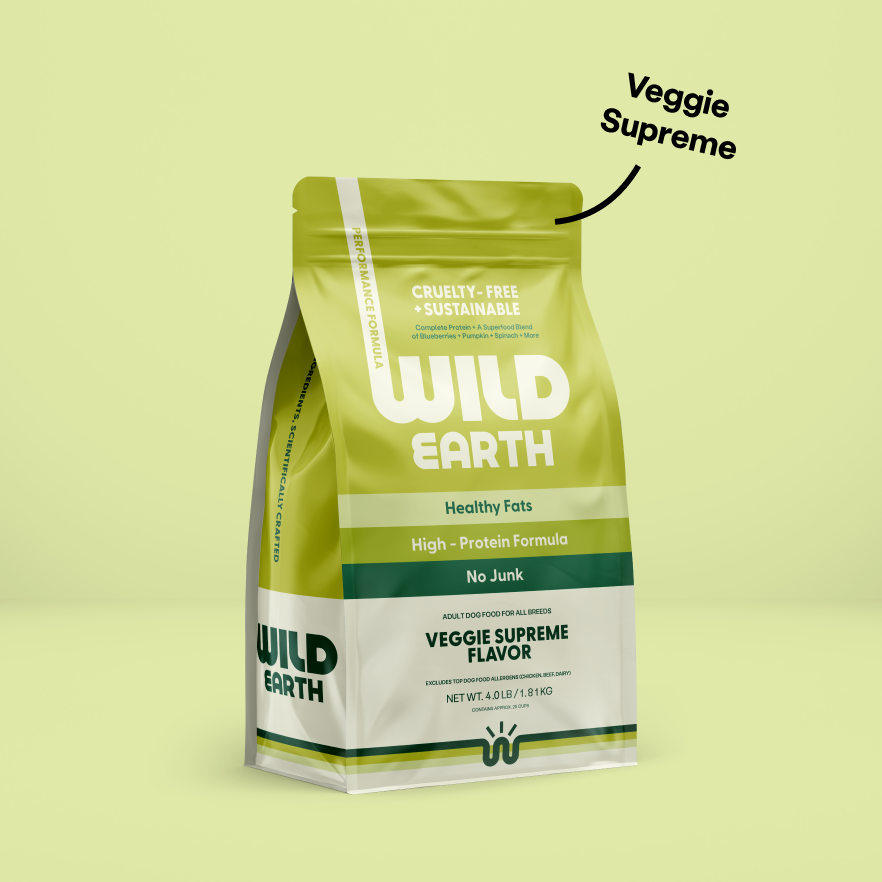 A bag of Wild Earth Veggie Supreme vegan dog food.
