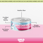 Unicorn Pate vegan cat food, healthy fiber, simple ingredients, fortified with taurine, no grains added.