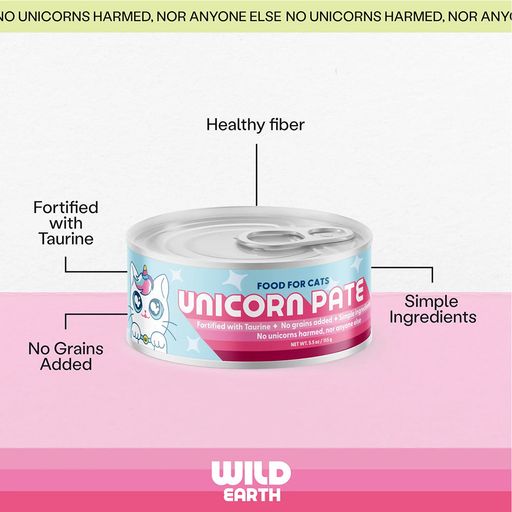 Can of 'Unicorn Pate' cat food with text highlighting features on a pink and white background.