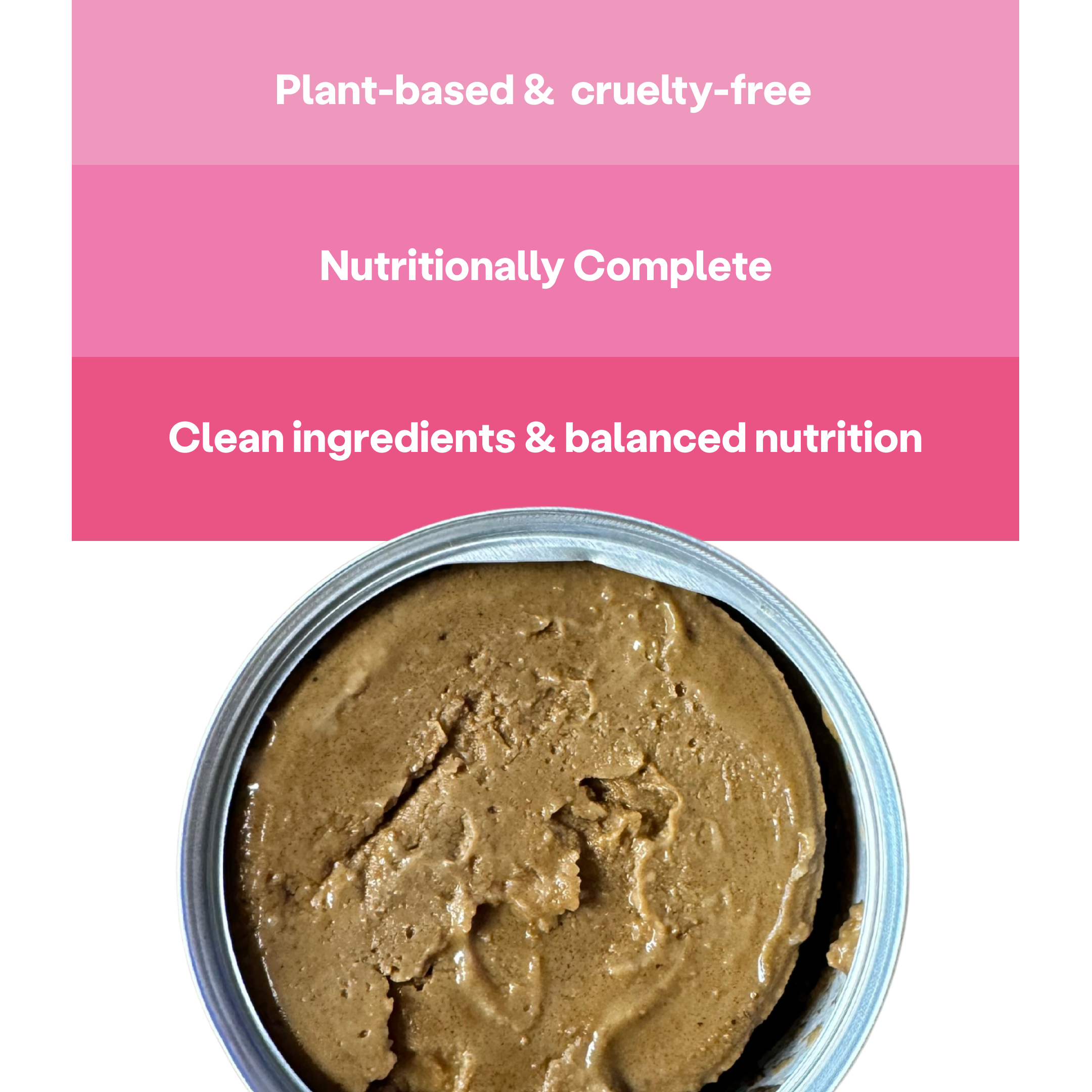 List of features for Unicorn Pate plant-based cat food, such as nutritionally complete, clean ingredients, and cruelty-free.  