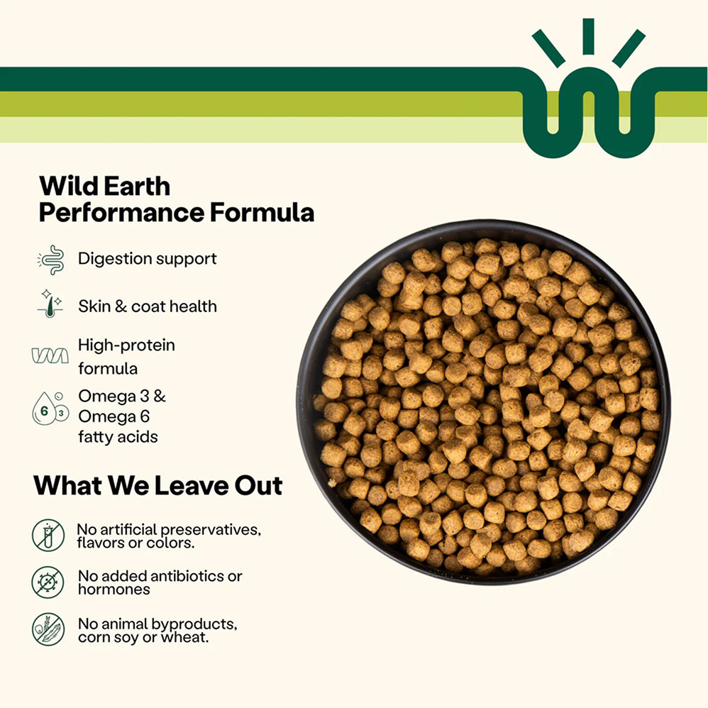 Wild Earth Performance Formula pet food with ingredients listed on a white background
