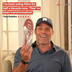 Our Happy customer Tony Robbins holding Aline insoles and give us five start rating with a testimonial about using Aline for a decade.